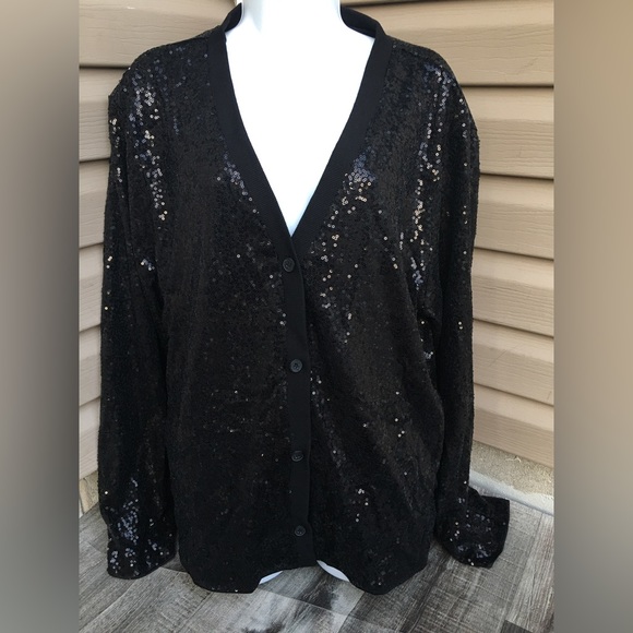 New KANCY KOLE Women's Sequin Jacket Long Sleeve Button Down Shrug Shiny black - Picture 7 of 10